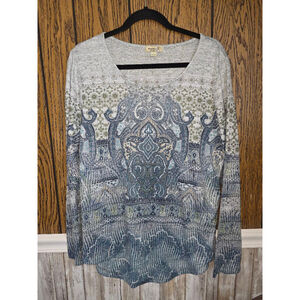 Women's One World Long Sleeve Tee L Gray Blue Paisley